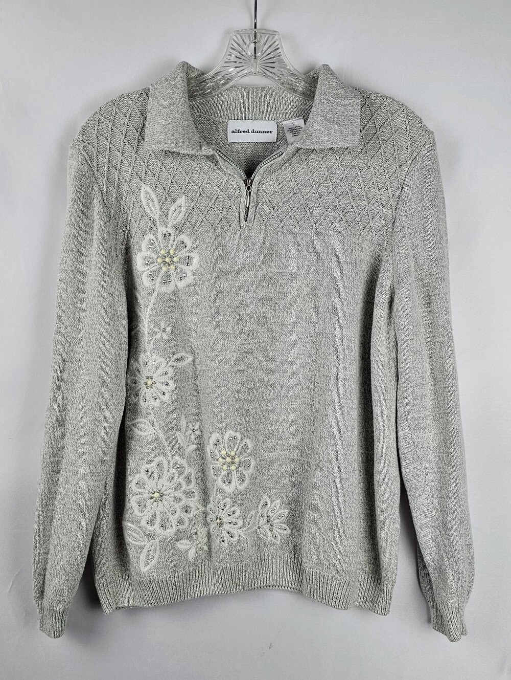Alfred Dunner Quarter Zip Sweater Embroidered Floral Beadwork Lg Grandmacore